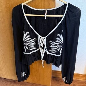 Free People Black and White Embroidered Blouse